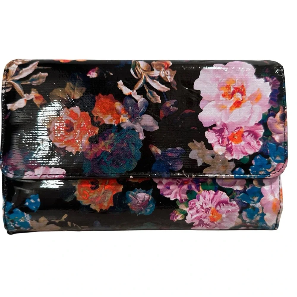 Patent Leather Floral Wallet Clutch in Black with Pink & Orange Flowers GUC